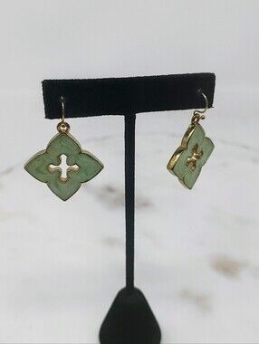 Gold-Trim Green Enamel Floral Drop Earrings
